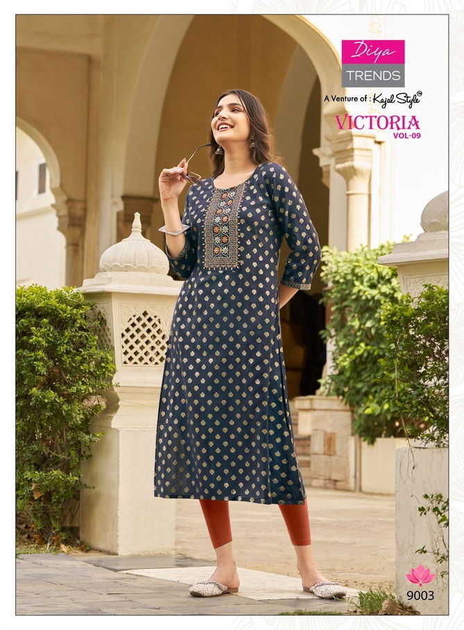 Victoria Vol 9 By Diya Rayon Foil Printed Kurtis Wholesale Shop In Surat
